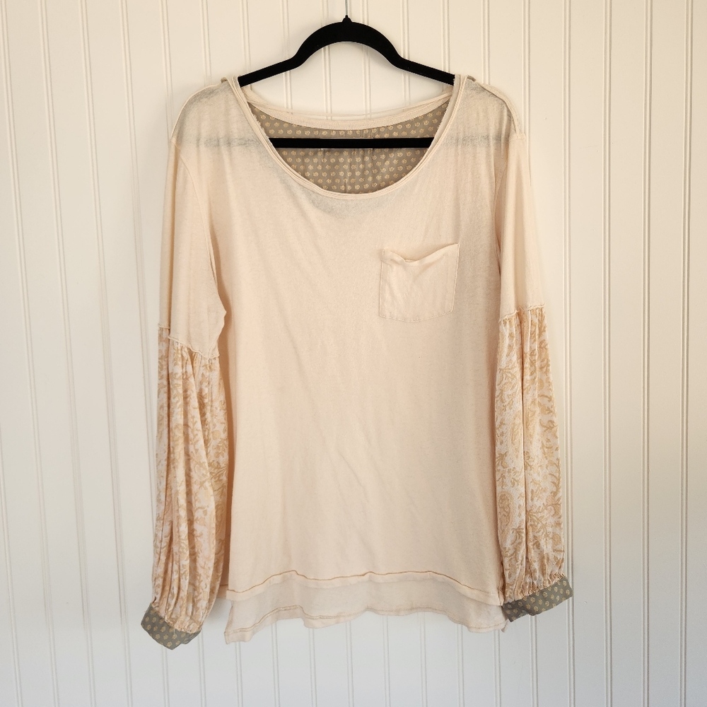FREE PEOPLE Ecru Ivory Jade Boho Long Sleeve Contrast Blouse Top XS